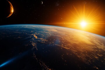 Fototapeta premium A breathtaking view of Earth rising over the horizon as seen from space, with the sun shining brightly in the background, symbolizing hope, new beginnings, unity, and the interconnectedness of life on