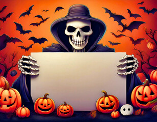 Halloween skeleton holds in his hands template space for writing text or advertising.