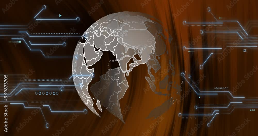 Poster animation of circuit board and data processing over globe
