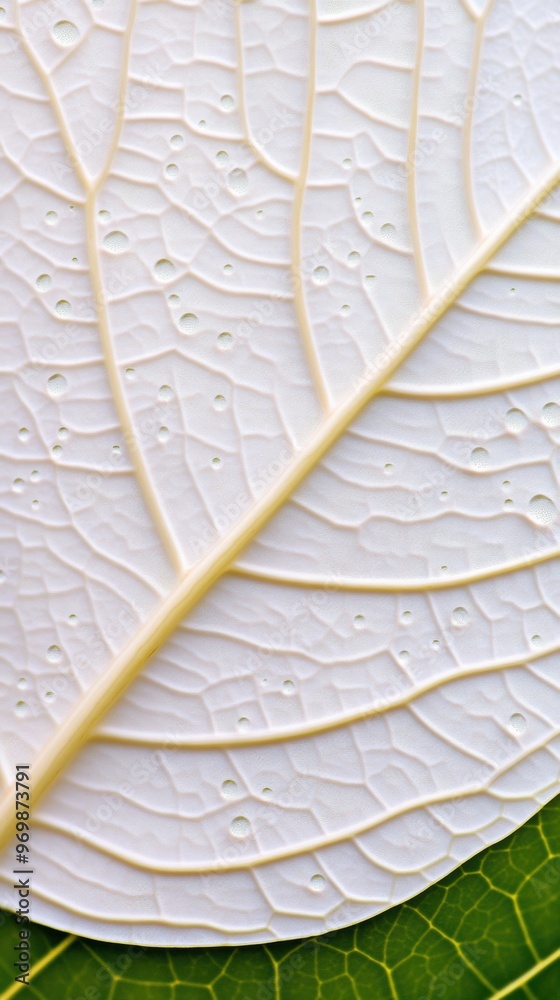 Poster a close up of a leaf with water droplets on it, ai