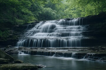 Fototapeta premium A captivating image of a beautiful cascading waterfall flowing over layered rock formations, surrounded by vibrant green foliage. This image symbolizes tranquility, nature's beauty, the power of wate