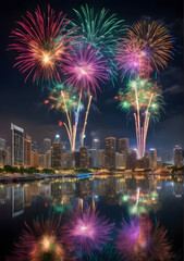 Beautiful Fireworks display over the cityscape at night,