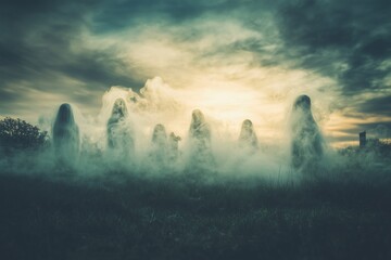 Ghostly Figures in Misty Field at Twilight