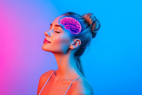 Brain circuitry mind mapping temporal lobe neural oscillation and neurovisualization side view of a woman with illuminated brain reflecting deep contemplation and cognitive focus