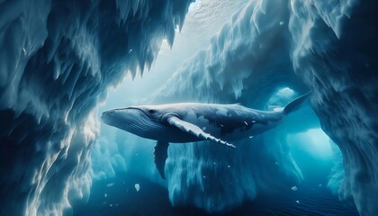 Fototapeta premium Whale swimming through icy cavern underwater, frozen ocean exploration, surreal arctic marine life scene, deep sea adventure 