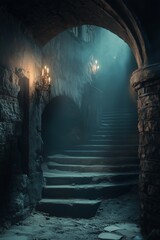  Eerie staircase in misty gothic atmosphere
