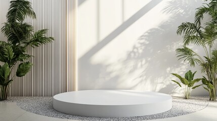 Fototapeta premium A clean and modern product display podium with a natural light setting, featuring a white platform, palm trees, and textured walls. This creates an airy and minimalist aesthetic, perfect for showcasin