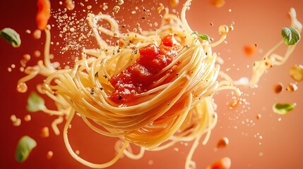   A focused photo showcases spaghetti in a vibrant sauce, accented with peppery sprinkles against a rich scarlet background