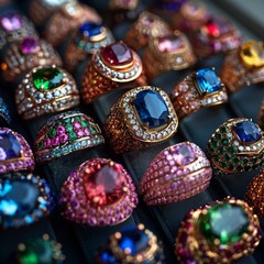 A stunning collection of ornate gemstone rings showcasing vibrant colors and intricate designs, perfect for adornment or inspiration.