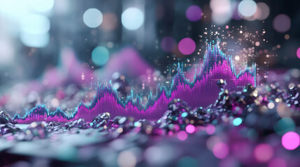Abstract visualization of data analytics, featuring vibrant purple and blue graphs amidst a blurred backdrop of sparkling lights and bokeh effects.