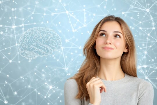 Cognitive enhancement neuromodulation cerebral hemisphere neurogenesis and sensory integration cheerful woman with conceptual brain art on digital backdrop symbolizing future innovation and learning