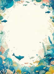 Obraz premium Elegant Ocean-Themed Book Cover Pattern Frame with Small Fish, Corals, and Bubbles, Featuring a White Space for Title in a Pastel Watercolor Style