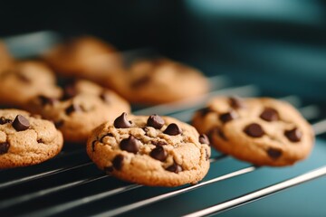 A close-up of freshly baked chocolate chip cookies cooling on a wire rack. The cookies are golden brown and have melted chocolate chips throughout, symbolizing warmth, comfort, indulgence, sweetness, 