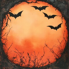 Halloween Bats Silhouette Against Orange Sky