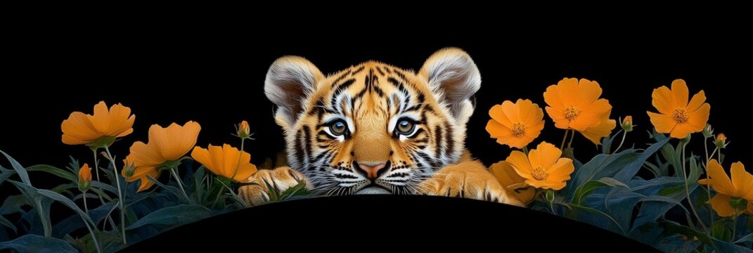 A close-up photograph of a cute tiger cub peeking through a bed of bright yellow flowers. The cub's playful expression and the vibrant colors create a heartwarming image that symbolizes innocence, bea