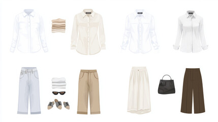 Create an image that shows the white shirt paird with various fashion items.Include different types of trousers,skirts,jackets,or ccessories to demonstrate how the shirt complements different outfits.