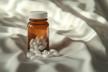 A close-up shot of a brown glass bottle filled with white melatonin pills, resting on a white fabric. The bottle represents restful sleep, relaxation, and healthy sleep habits. The white fabric symbol