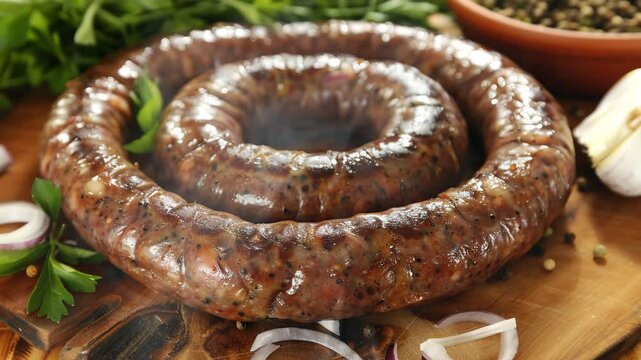 Boerewors on the table moves with smoke around
