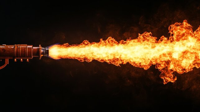 A close-up shot of a flamethrower jetting a long burst of fire, symbolizing power, destruction, danger, heat, and intensity.