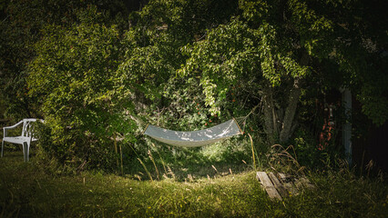 And old hammock hangs from two trees in a dreamy garden.