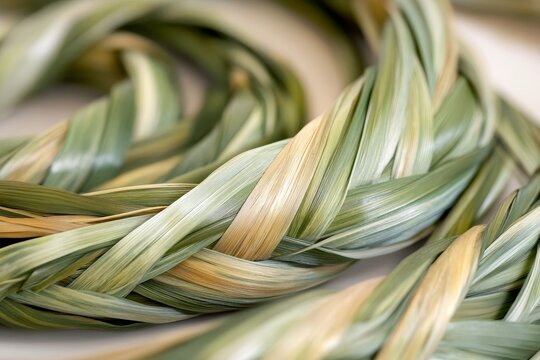 A close-up shot of a woven braid of sweet grass, showcasing its natural beauty and delicate texture.  The braid is perfect for crafting, smudging, and aromatherapy.