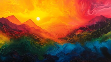 A colorful abstract landscape painting featuring a bright sun setting over a range of mountains. The colors are bold and vibrant, with shades of red, orange, yellow, green, and blue. This abstract art