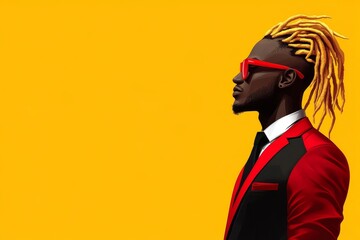 Fototapeta premium A confident Black man with long blonde dreadlocks wears a red suit and red sunglasses, standing against a yellow background. He represents individuality, style, confidence, and success.
