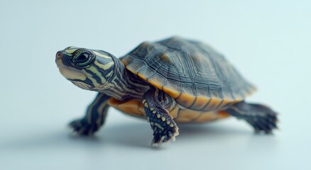 Fototapeta premium A close-up view of a colorful turtle on a light background in a calm indoor setting