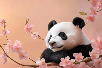 A cute panda bear rests peacefully amidst a vibrant display of pink cherry blossoms, symbolizing...