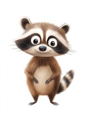 A cute cartoon raccoon with big eyes and a friendly smile, standing on a white background. This illustration is perfect for children's books, websites, and other projects.