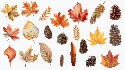 Fototapeta premium Set of watercolor illustrations with various autumn orange leaves, berries and cones. Botanical illustration on white background for greetings, wallpaper, fabric, backgrounds, wrappers, print