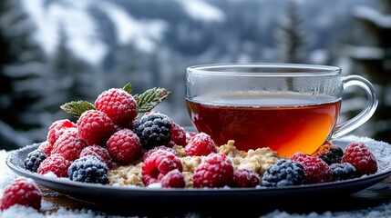 A cozy breakfast scene with oatmeal, berries, and a cup of herbal tea, with a snowy view outside