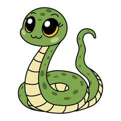 Zodiac Chinese green snake animal of New Year sign icon. Asian kawaii cute style isolated illustration of mascot anaconda. Adorable green reptile baby with big eyes smiling on the white background.