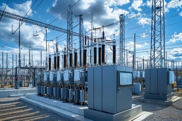 A large high-voltage transformer substation with power lines, transformers, and other equipment. The substation is a critical component of the electrical grid, responsible for transforming electricity