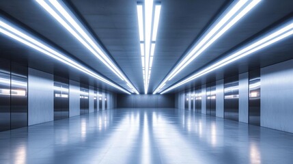 Fototapeta premium A long, narrow corridor with rows of fluorescent lights casting bright, white illumination. The lights create leading lines that draw the viewer's eye down the corridor, creating a sense of depth and 