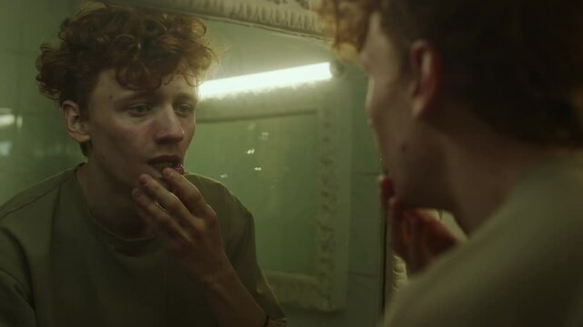 Over the shoulder view of young man experiencing derealisation touching reflection in mirror and his face
