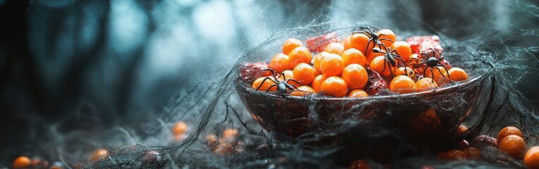 A colorful bowl brims with Halloween candies, surrounded by cobwebs and decorations
