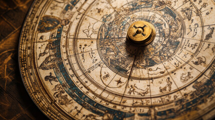 Fototapeta premium Depict a detailed astrological chart or wheel featuring all twelve zodiac signs. Show how the signs are positioned within the chart and how they relate to one another