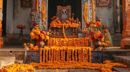Floral Altar Decorated with Marigold Flowers and Skull Icon