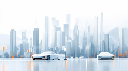 Obraz premium Futuristic cityscape with sleek white autonomous vehicles driving on mirrored roads against a backdrop of modern high-rise buildings and hazy mountains.