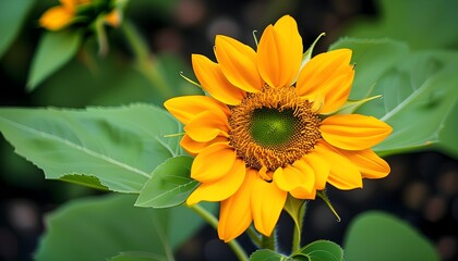 Vibrant yellow sunflower surrounded by lush green leaves