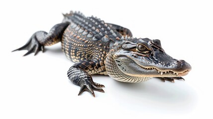 Naklejka premium A young alligator with its mouth closed, looking to the right, isolated on a white background.