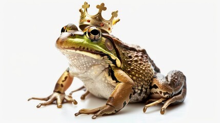 Fototapeta premium A green frog wearing a golden crown, sitting on a white background.