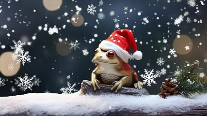 Festive frog is wearing a santa claus hat and sitting on a snow covered log with a bokeh background. Celebrate the holidays with this fun christmas image - Powered by Adobe