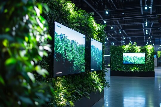 A modern interior with three screens displaying lush greenery, showcasing the intersection of technology and nature. The space symbolizes environmental consciousness, innovation, and the potential for