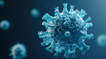 A close-up 3D illustration of virus particles, showing their spiky protein structures in sharp detail against a blurred background.