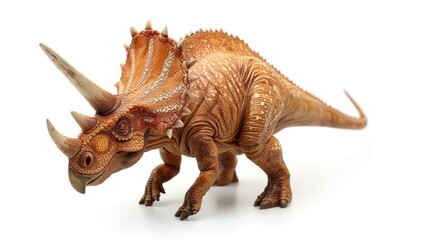 A brown, detailed dinosaur model with three horns on its head.