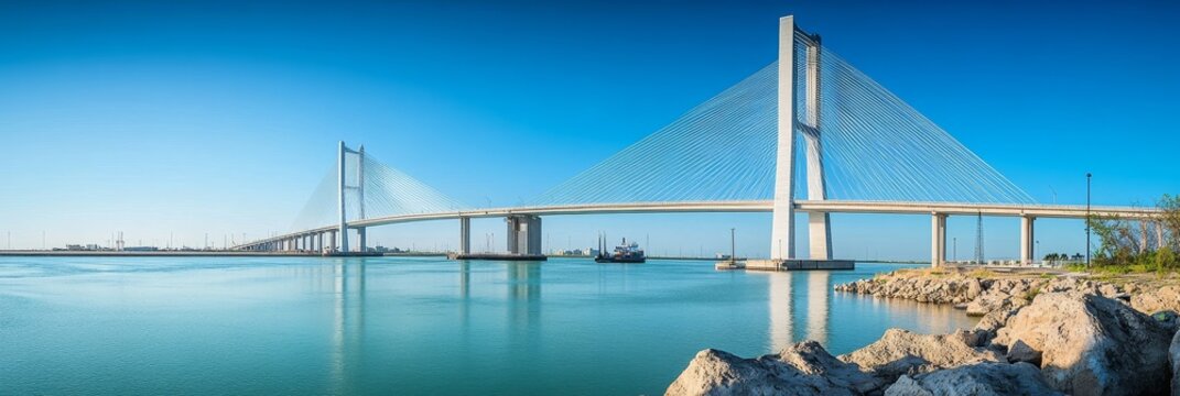 A panoramic view of the Harbor Bridge in Corpus Christi, Texas, showcasing its elegant arch design and the calm waters of the bay. The bridge represents connectivity, progress, and the beauty of coast