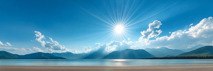A peaceful scene of a mountain lake, with a clear blue sky, fluffy clouds, and a bright sun shining down. The mountains in the distance create a sense of grandeur and tranquility, while the water's re