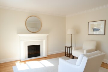 A peaceful living room with a fireplace, a round mirror above the mantel, and two white armchairs.  The room is bathed in natural light, creating a sense of calm and tranquility. The artwork on the wa